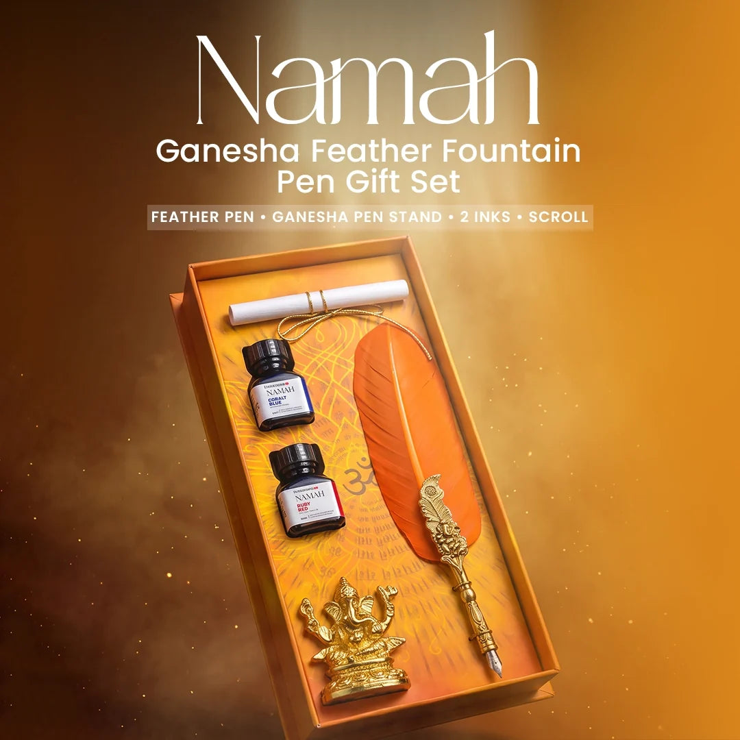 NAMAH: Lord Ganesha Feather Fountain Pen With Gold Plated Pen Stand & 2 Ink Gift Set