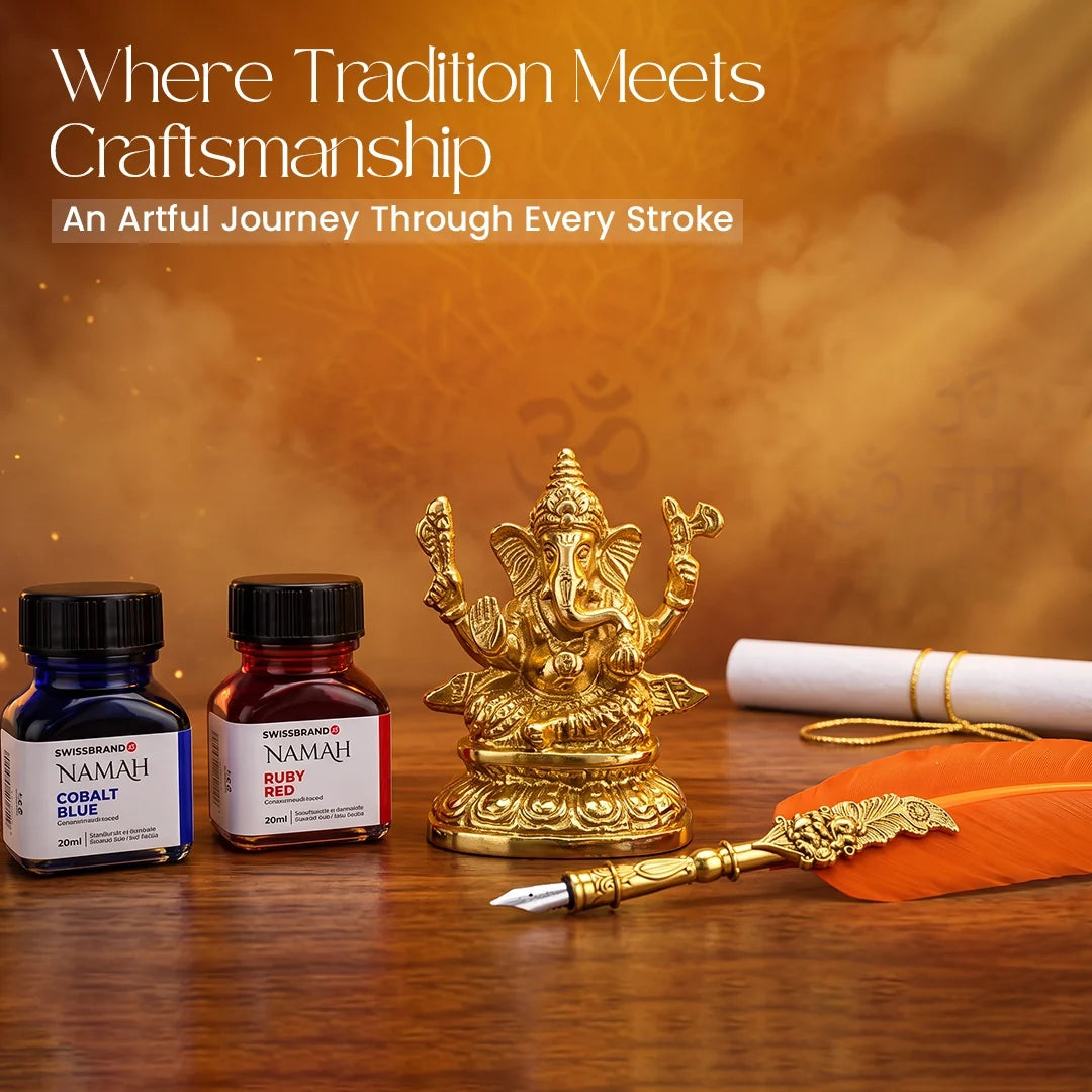 NAMAH: Lord Ganesha Feather Fountain Pen With Gold Plated Pen Stand & 2 Ink Gift Set