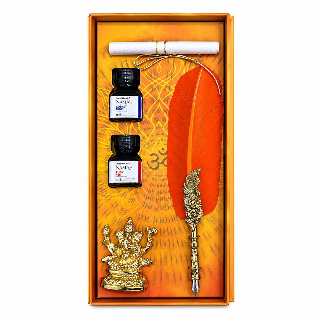 NAMAH: Lord Ganesha Feather Fountain Pen With Gold Plated Pen Stand & 2 Ink Gift Set