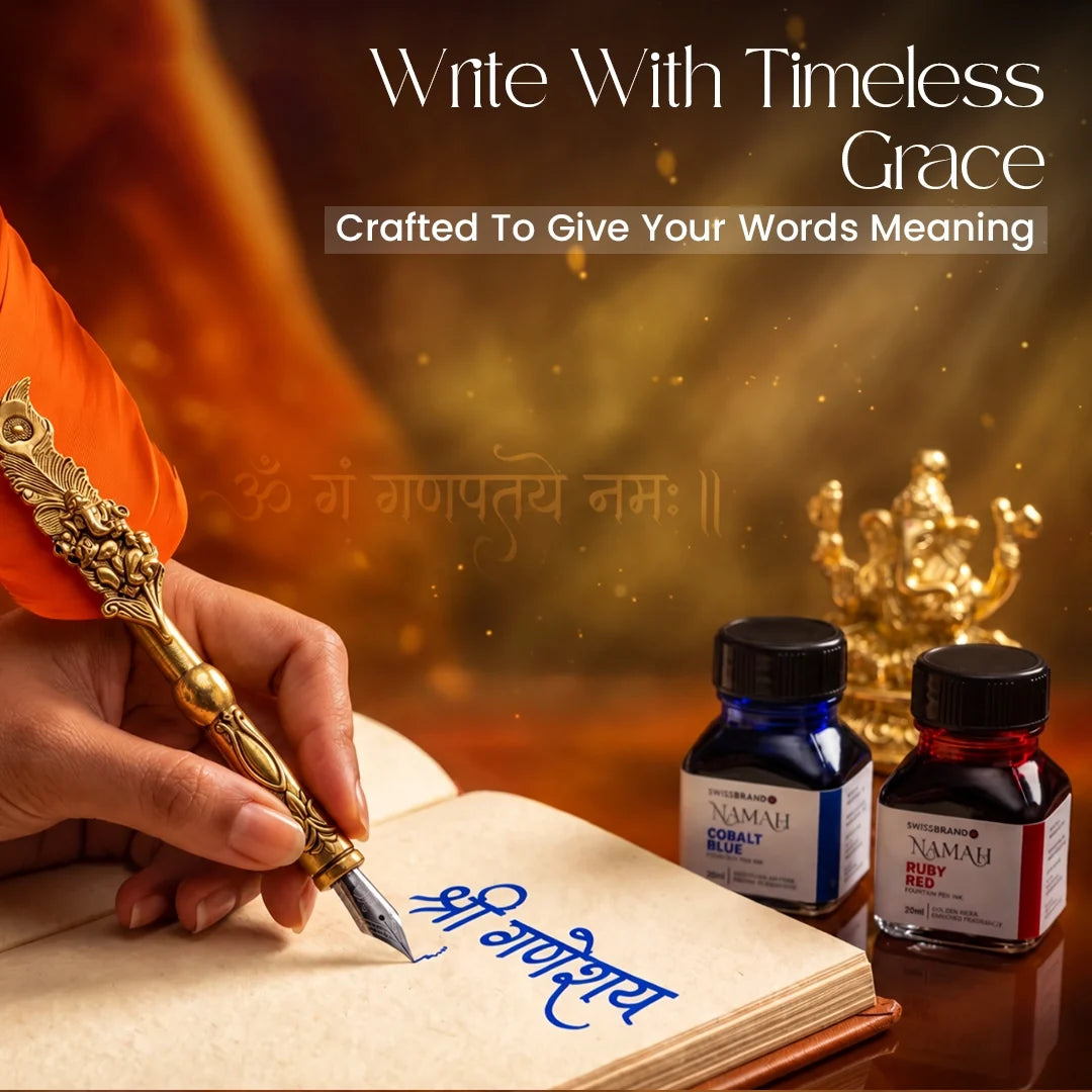NAMAH: Lord Ganesha Feather Fountain Pen With Gold Plated Pen Stand & 2 Ink Gift Set