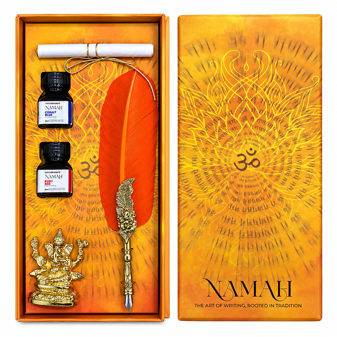 NAMAH: Lord Ganesha Feather Fountain Pen With Gold Plated Pen Stand & 2 Ink Gift Set