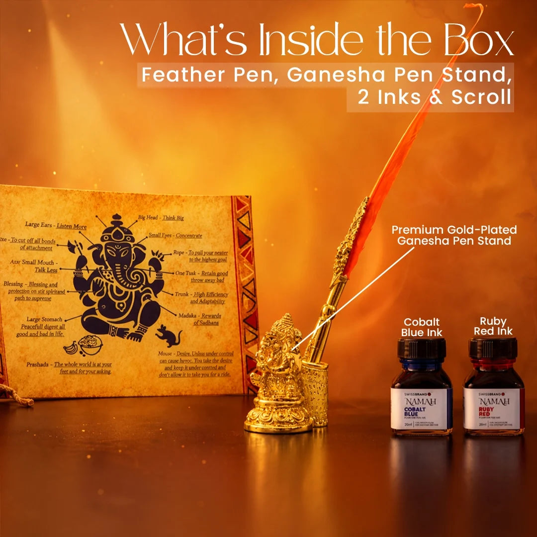 NAMAH: Lord Ganesha Feather Fountain Pen With Gold Plated Pen Stand & 2 Ink Gift Set