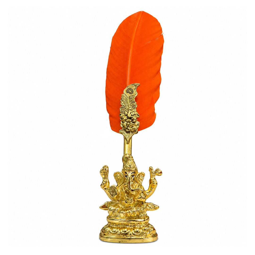 NAMAH: Lord Ganesha Feather Fountain Pen With Gold Plated Pen Stand & 2 Ink Gift Set
