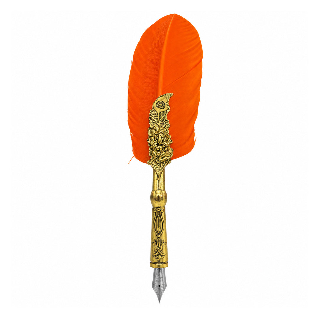 NAMAH: Lord Ganesha Feather Fountain Pen With Gold Plated Pen Stand & 2 Ink Gift Set