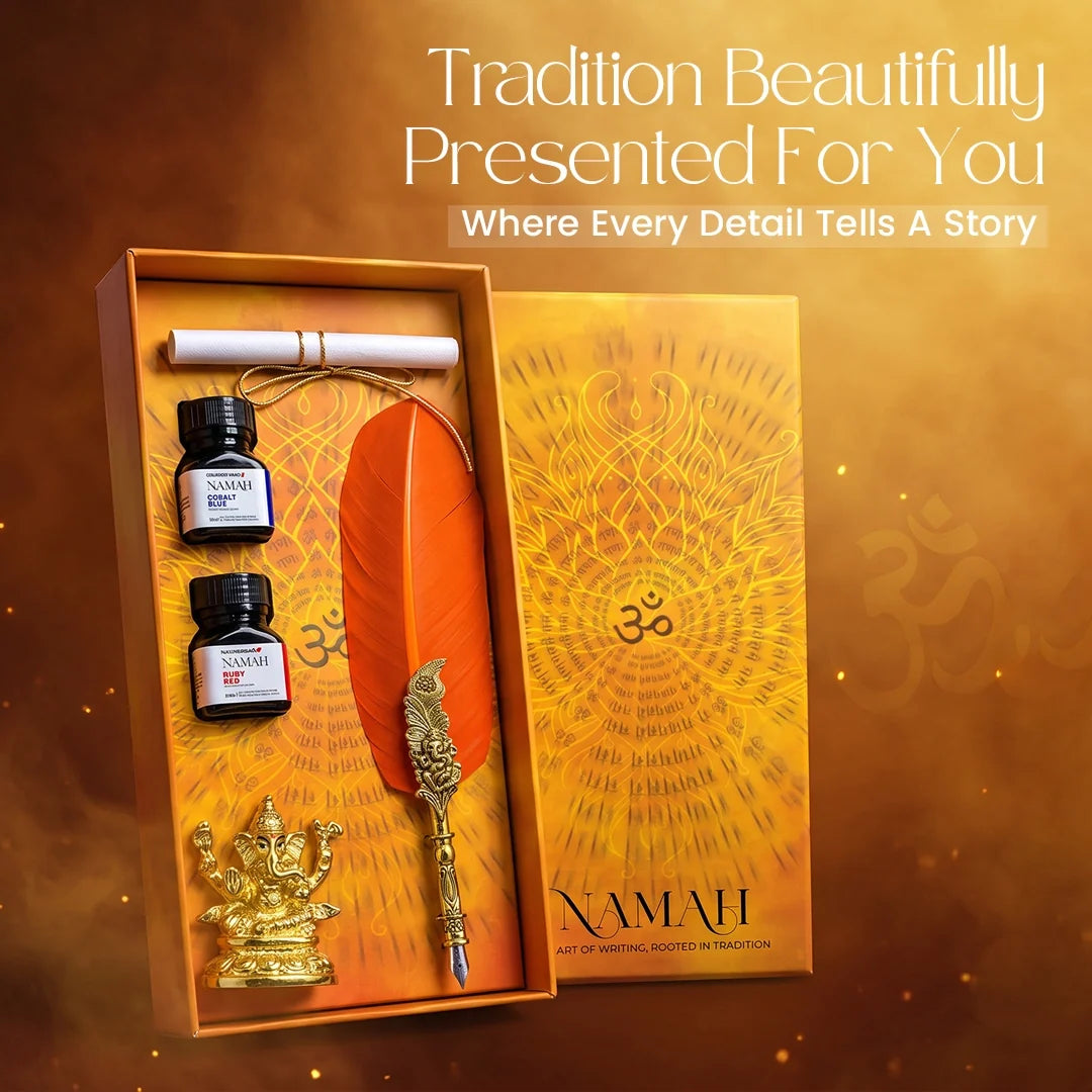 NAMAH: Lord Ganesha Feather Fountain Pen With Gold Plated Pen Stand & 2 Ink Gift Set