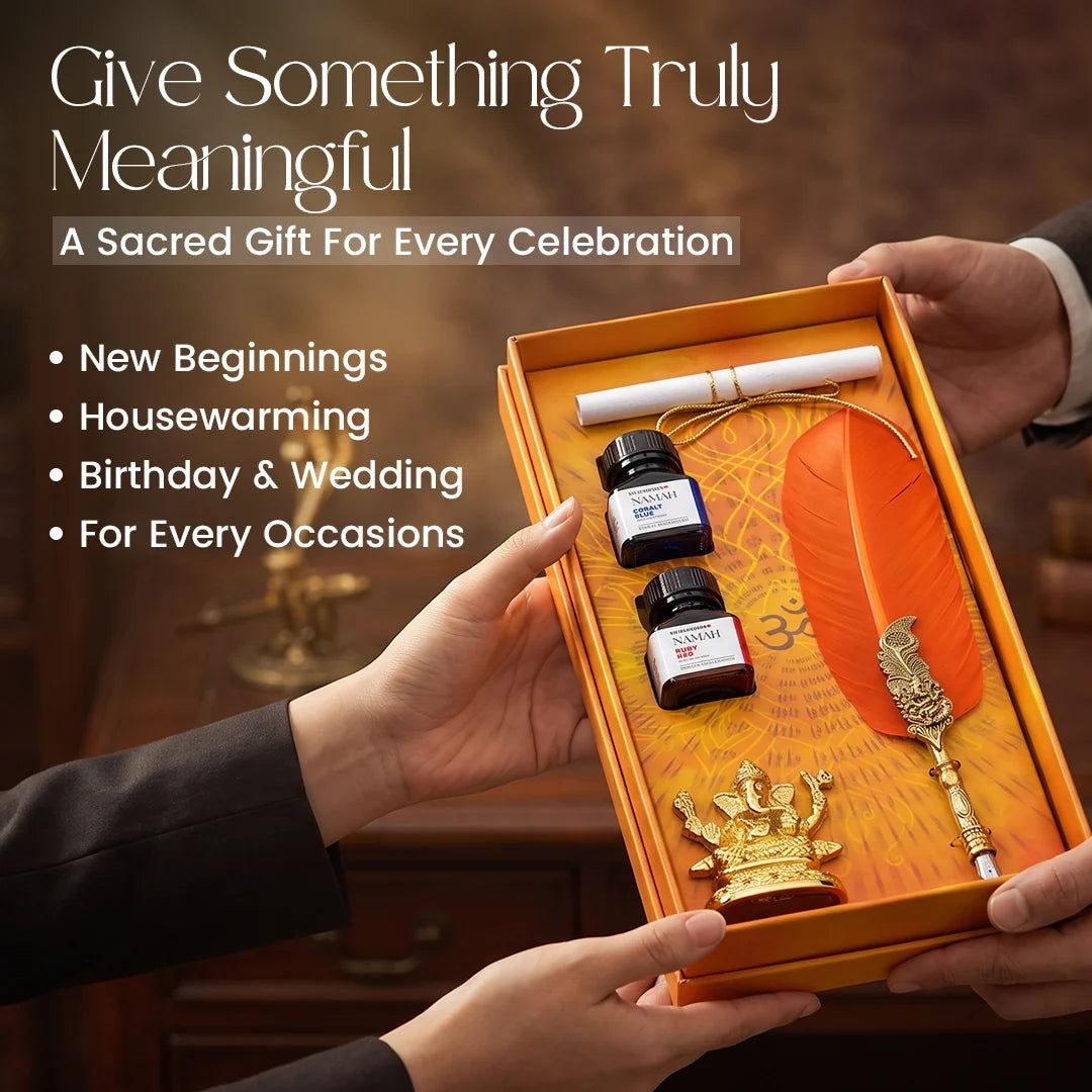 NAMAH: Lord Ganesha Feather Fountain Pen With Gold Plated Pen Stand & 2 Ink Gift Set