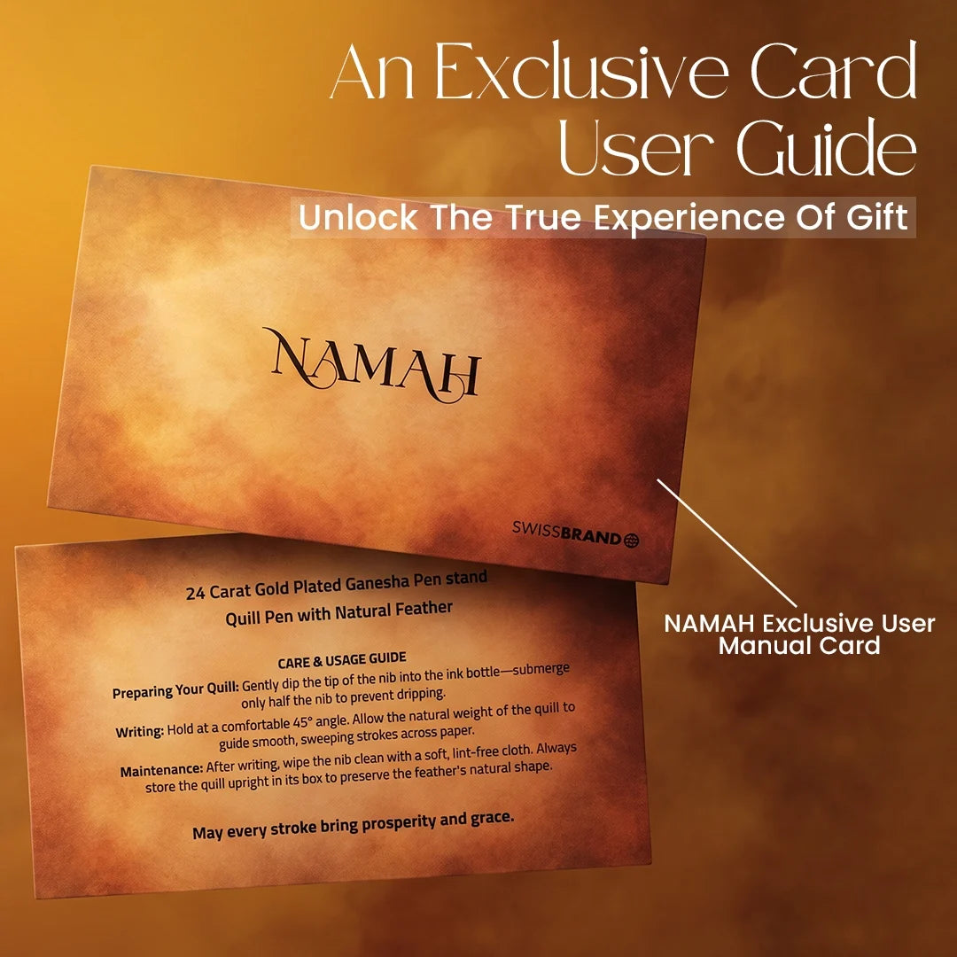 NAMAH: Lord Ganesha Feather Fountain Pen With Gold Plated Pen Stand & 2 Ink Gift Set