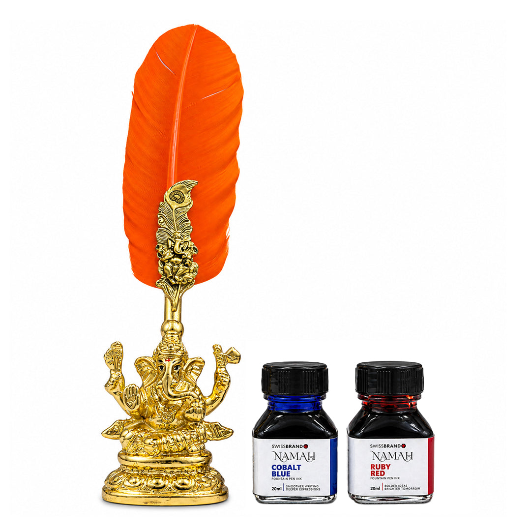 NAMAH: Lord Ganesha Feather Fountain Pen With Gold Plated Pen Stand & 2 Ink Gift Set