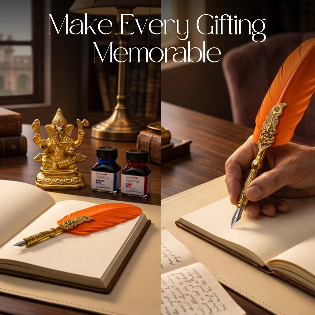 NAMAH: Lord Ganesha Feather Fountain Pen With Gold Plated Pen Stand & 2 Ink Gift Set