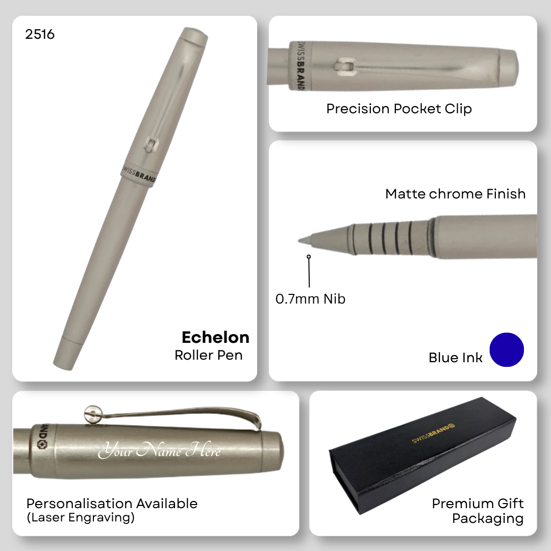 SWISSBRAND Echelon 2516 Matte chrome Rollerball Pen with chrome trim