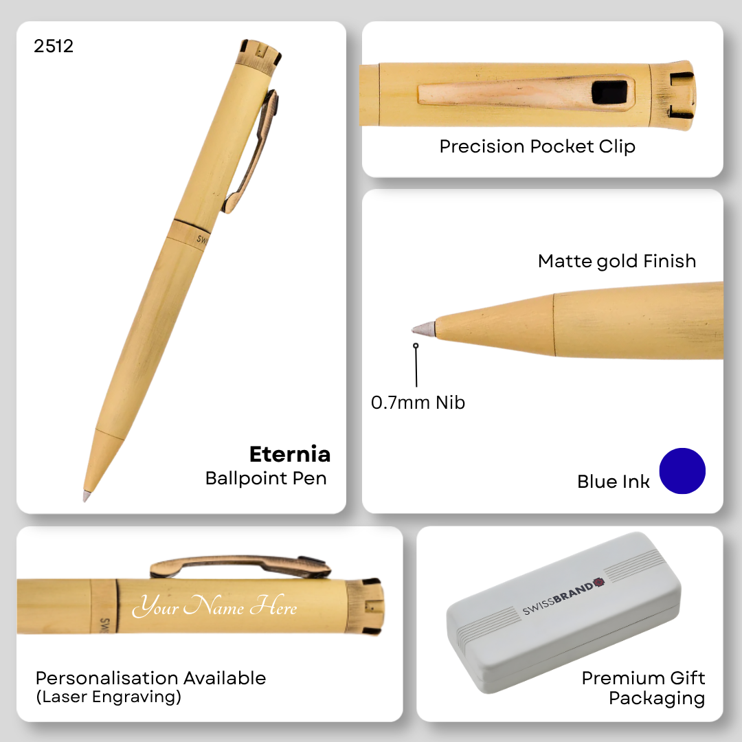 SWISSBRAND Eternia 2512 Matte gold Ballpoint Pen with black gem embedded in the gold trim