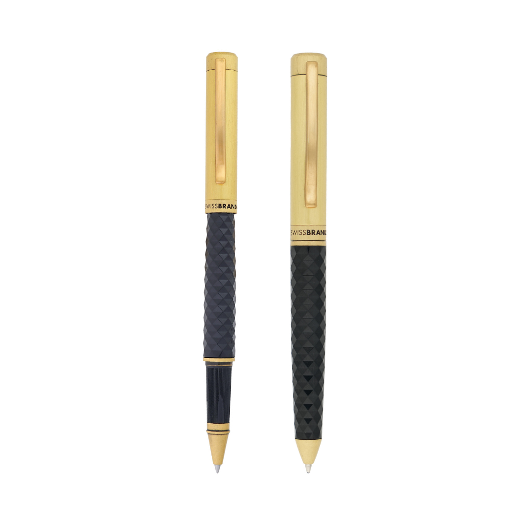 SWISSBRAND Luxe 2603 Black Premium composite diamond-shape Rollerball & Ballpoint Pen Set with gold trim