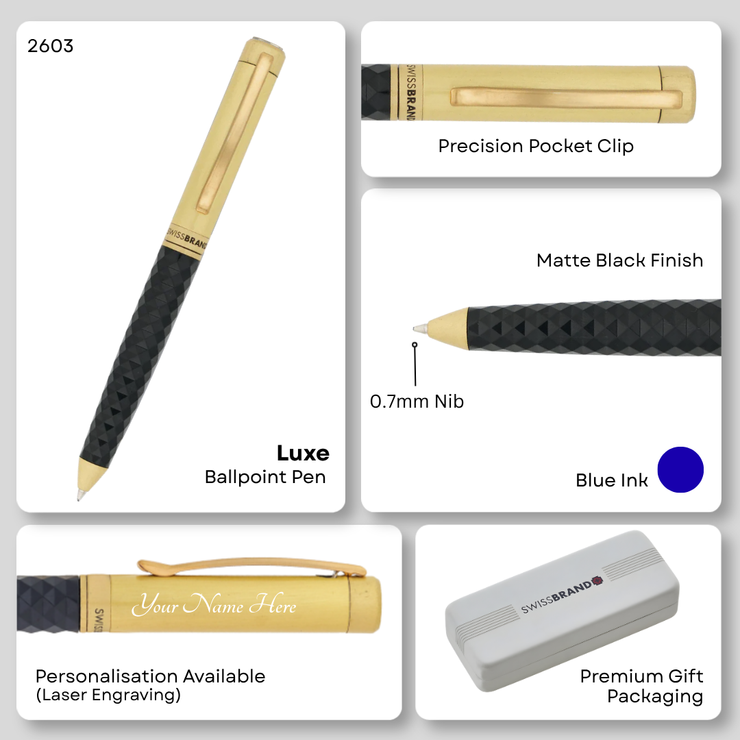 SWISSBRAND Luxe 2603 Black Premium composite diamond-shape Ballpoint Pen with gold trim