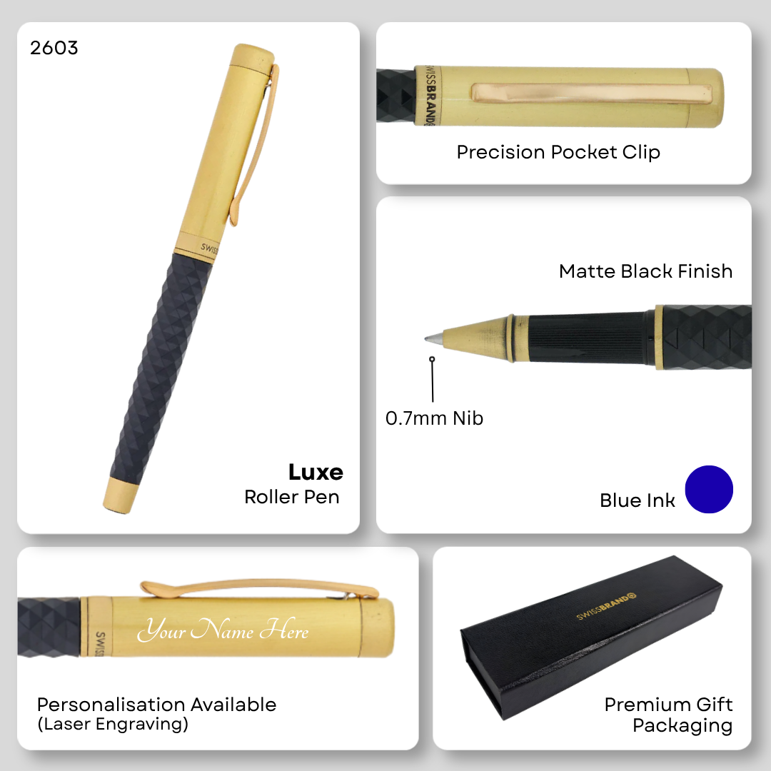 SWISSBRAND Luxe 2603 Black Premium composite diamond-shape Rollerball Pen with gold trim