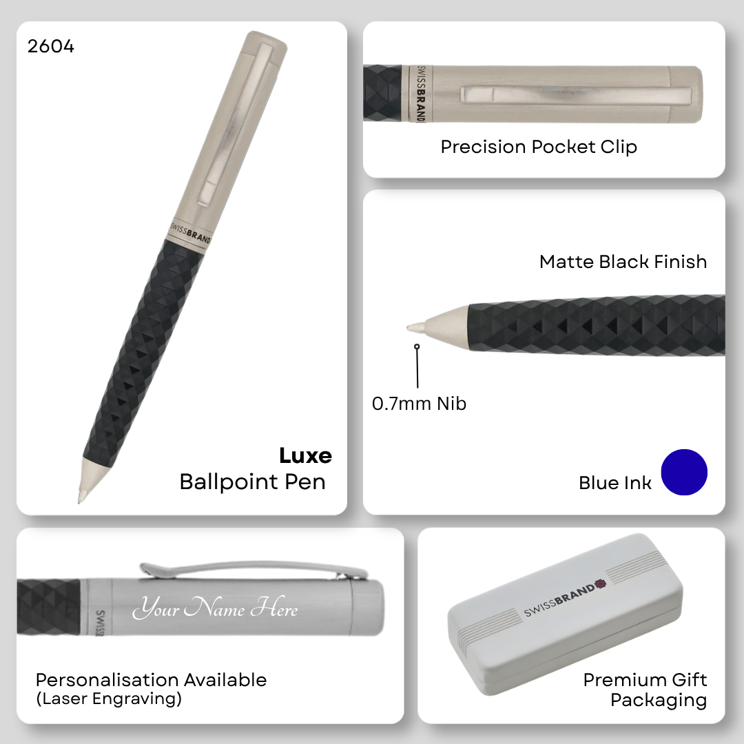 SWISSBRAND Luxe 2604 Black Premium composite diamond-shape Ballpoint Pen with chrome trim