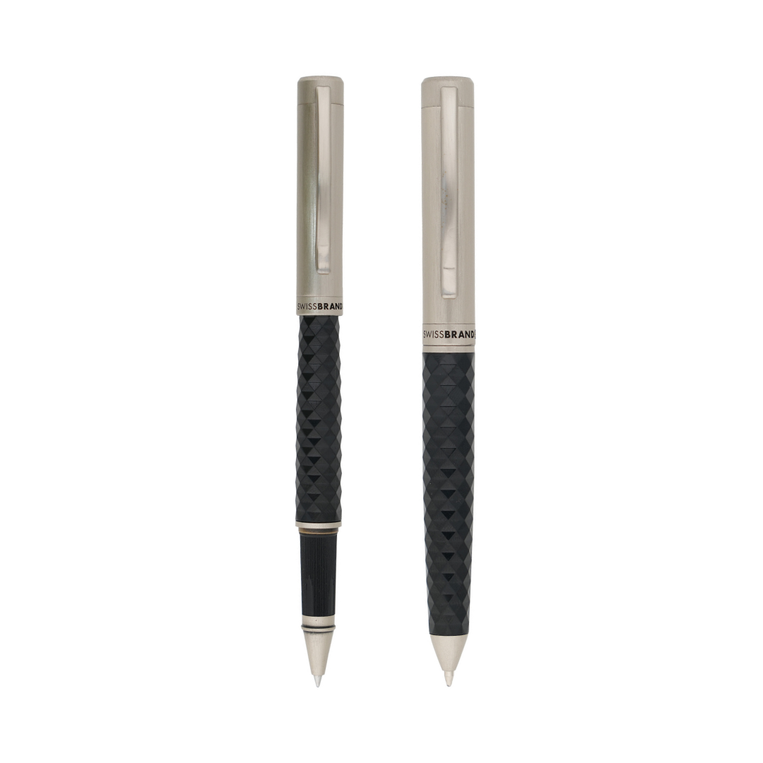 SWISSBRAND Luxe 2604 Black Premium composite diamond-shape Rollerball & Ballpoint Pen Set with chrome trim