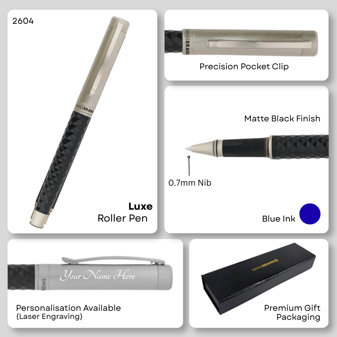SWISSBRAND Luxe 2604 Black Premium composite diamond-shape Rollerball Pen with chrome trim