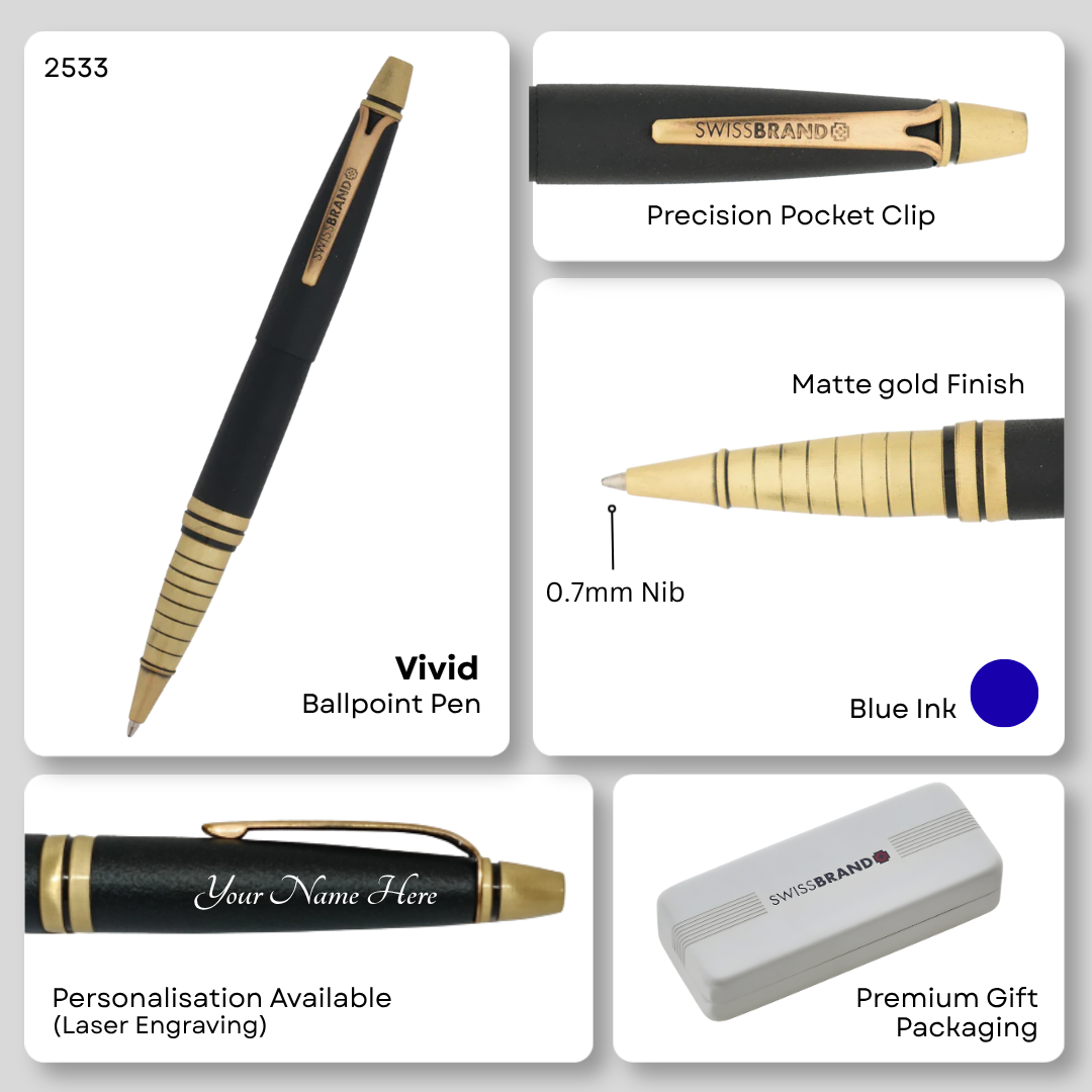 SWISSBRAND Vivid 2533 Matte black gold Ballpoint Pen with gold trim