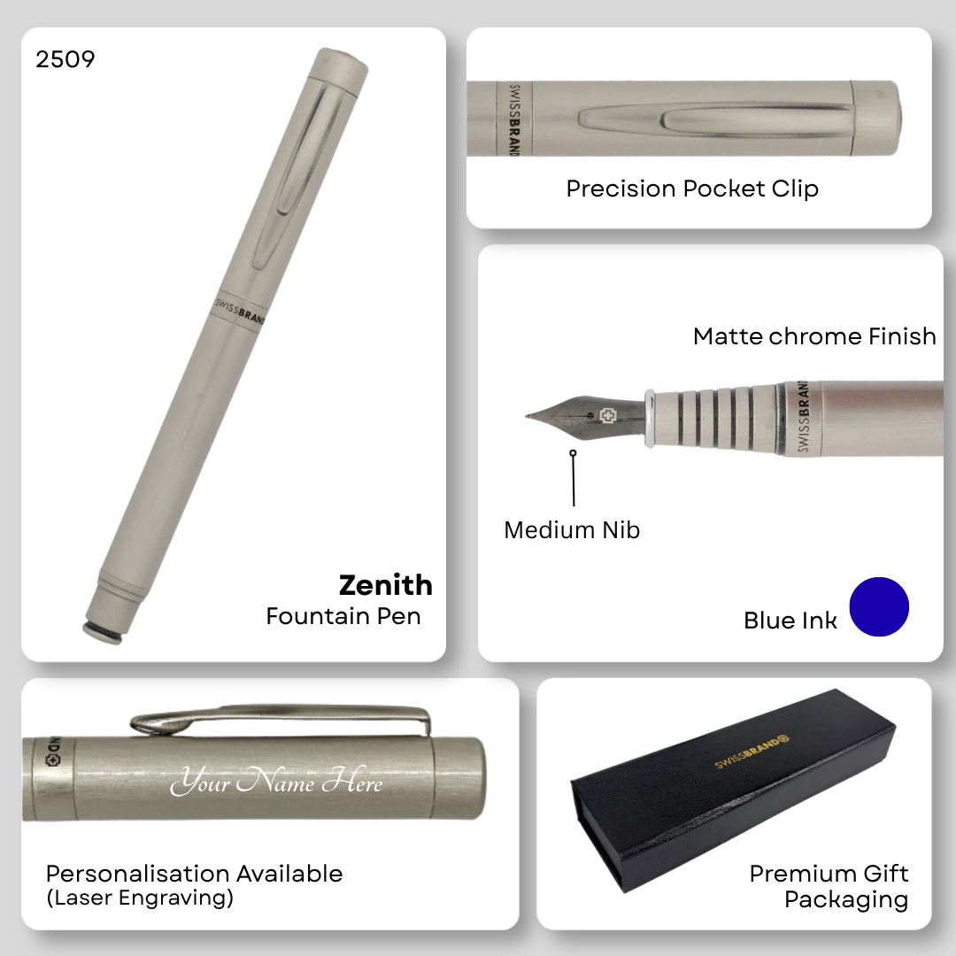 SWISSBRAND Zenith 2509 Matte chrome Fountain Pen with chrome trim