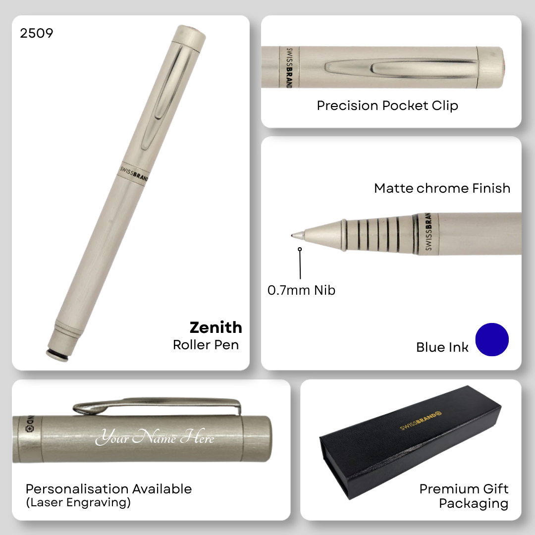 SWISSBRAND Zenith 2509 Matte chrome Rollerball Pen with chrome trim